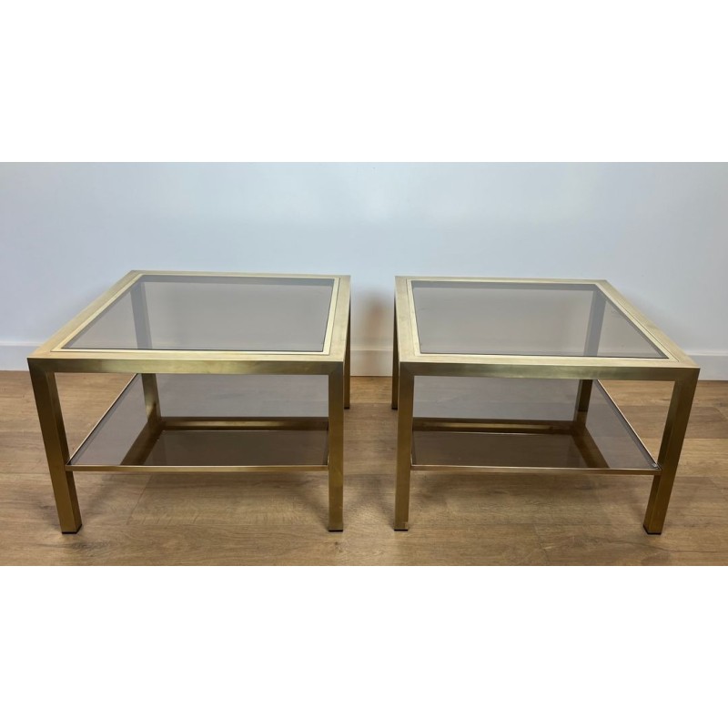 Pair of Square Brass Side Tables with Smoked Glass, France, circa 1970