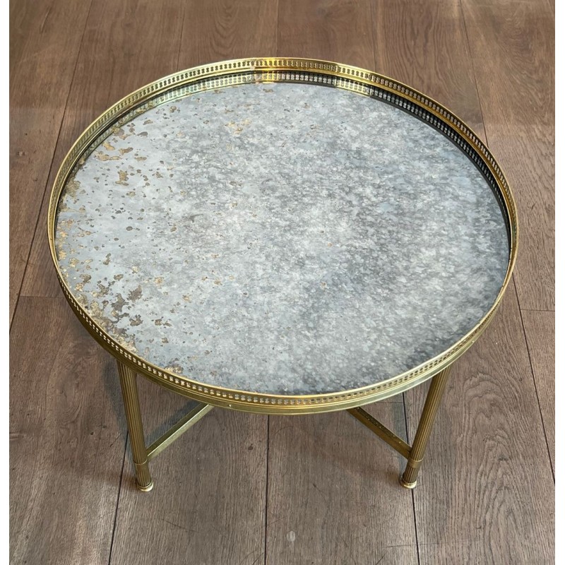 Table Basse Néoclassique en Laiton, Miroir Vieilli, Maison Baguès, vers 1940