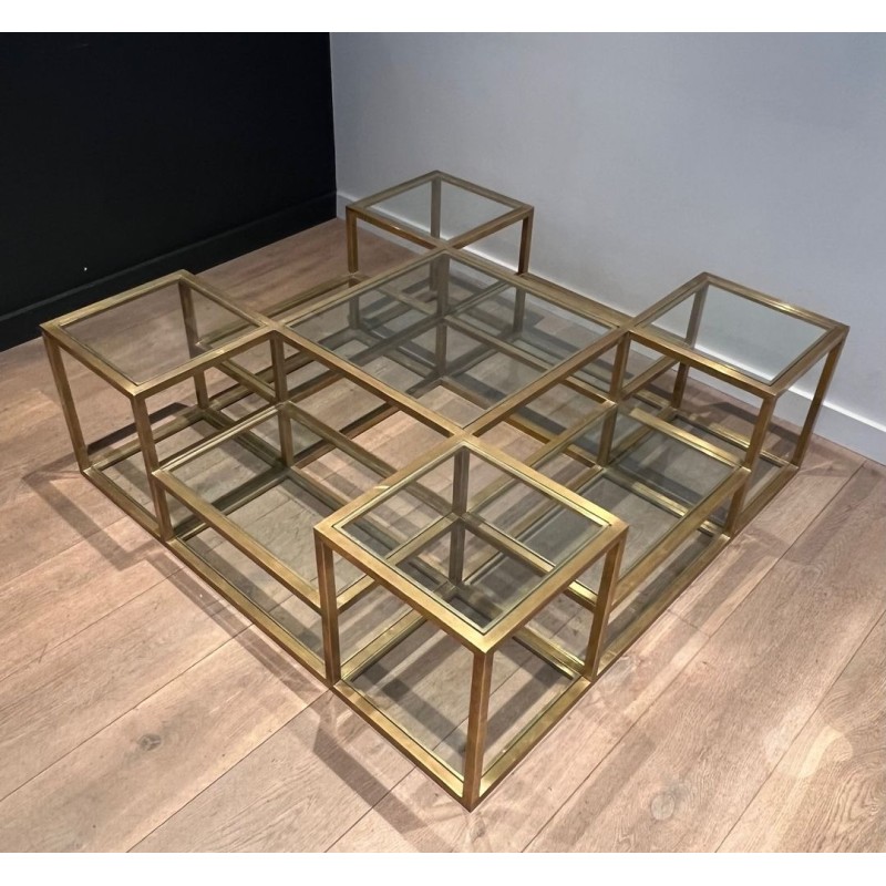 Large Multi-Tiered Brass Coffee Table, France, circa 1970