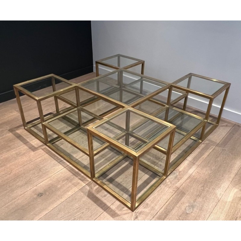 Importante Table Basse en Laiton à Plusieurs Niveaux, France, vers 1970