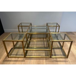 Importante Table Basse en Laiton à Plusieurs Niveaux, France, vers 1970