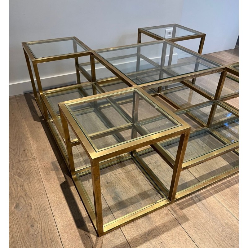 Importante Table Basse en Laiton à Plusieurs Niveaux, France, vers 1970