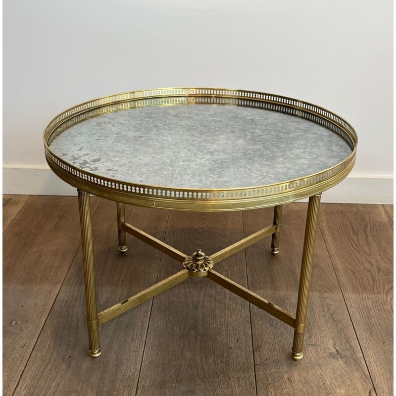 Table Basse Néoclassique en Laiton, Miroir Vieilli, Maison Baguès, vers 1940