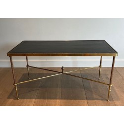 Table Basse Néoclassique en Laiton, Cuir Noir et Bordures Dorées, Maison Jansen, vers 1940