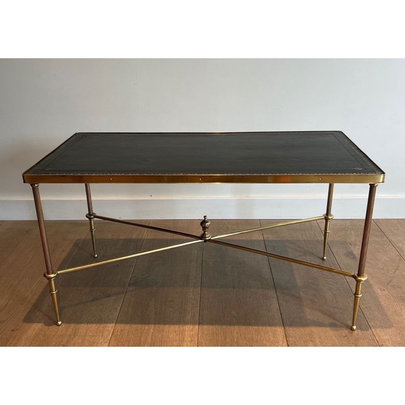Brass Neoclassical Coffee Table, Black Leather with Gilt Border, Maison Jansen, c. 1940