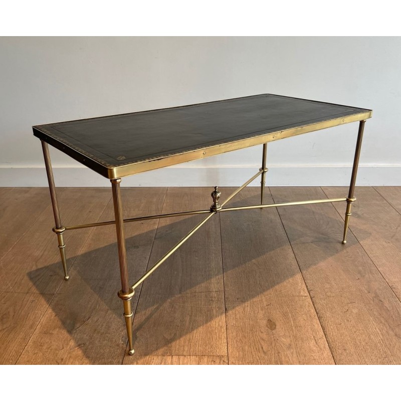 Table Basse Néoclassique en Laiton, Cuir Noir et Bordures Dorées, Maison Jansen, vers 1940