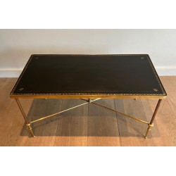 Brass Neoclassical Coffee Table, Black Leather with Gilt Border, Maison Jansen, c. 1940