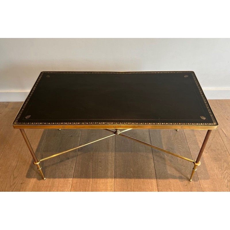 Brass Neoclassical Coffee Table, Black Leather with Gilt Border, Maison Jansen, c. 1940