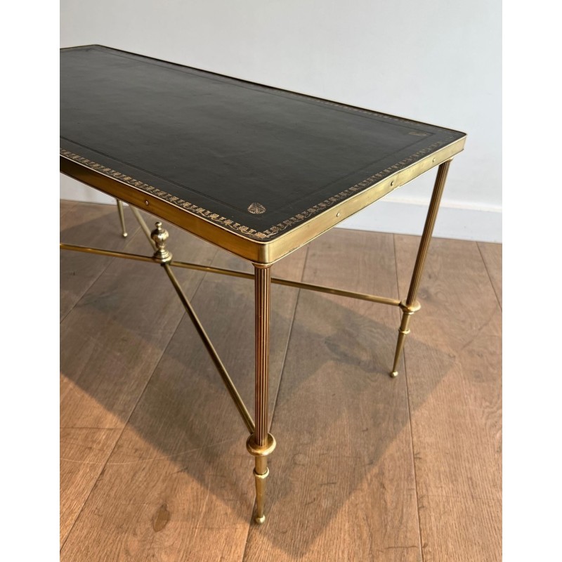 Brass Neoclassical Coffee Table, Black Leather with Gilt Border, Maison Jansen, c. 1940