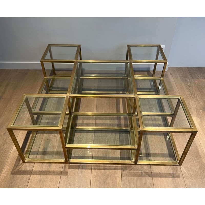 Large Multi-Tiered Brass Coffee Table, France, circa 1970