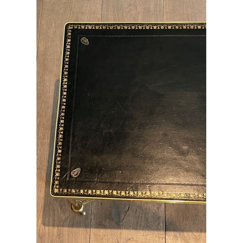 Brass Neoclassical Coffee Table, Black Leather with Gilt Border, Maison Jansen, c. 1940