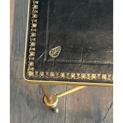 Table Basse Néoclassique en Laiton, Cuir Noir et Bordures Dorées, Maison Jansen, vers 1940