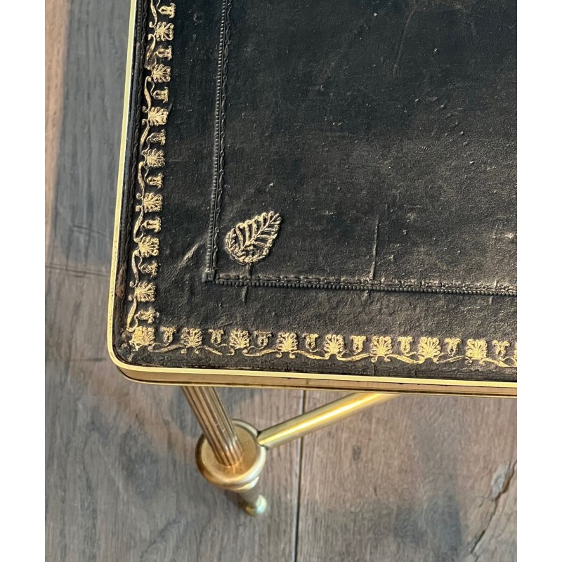 Table Basse Néoclassique en Laiton, Cuir Noir et Bordures Dorées, Maison Jansen, vers 1940