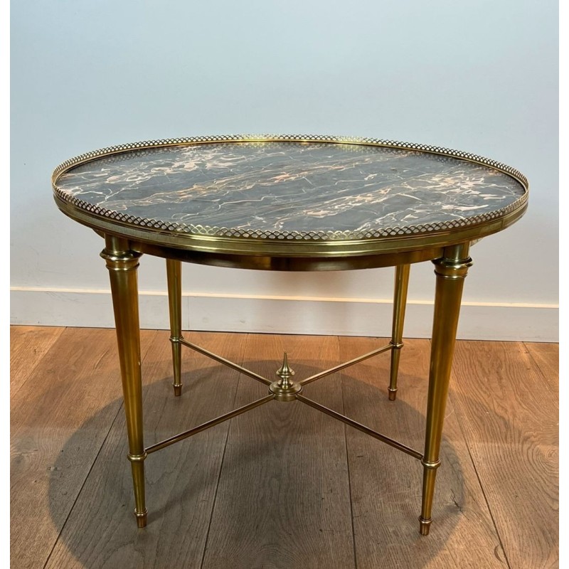 Round Brass Neoclassical Coffee Table with Marble Top, Maison Ramsay, circa 1940
