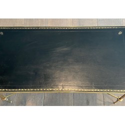Table Basse Néoclassique en Laiton, Cuir Noir et Bordures Dorées, Maison Jansen, vers 1940