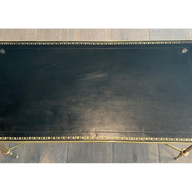 Brass Neoclassical Coffee Table, Black Leather with Gilt Border, Maison Jansen, c. 1940