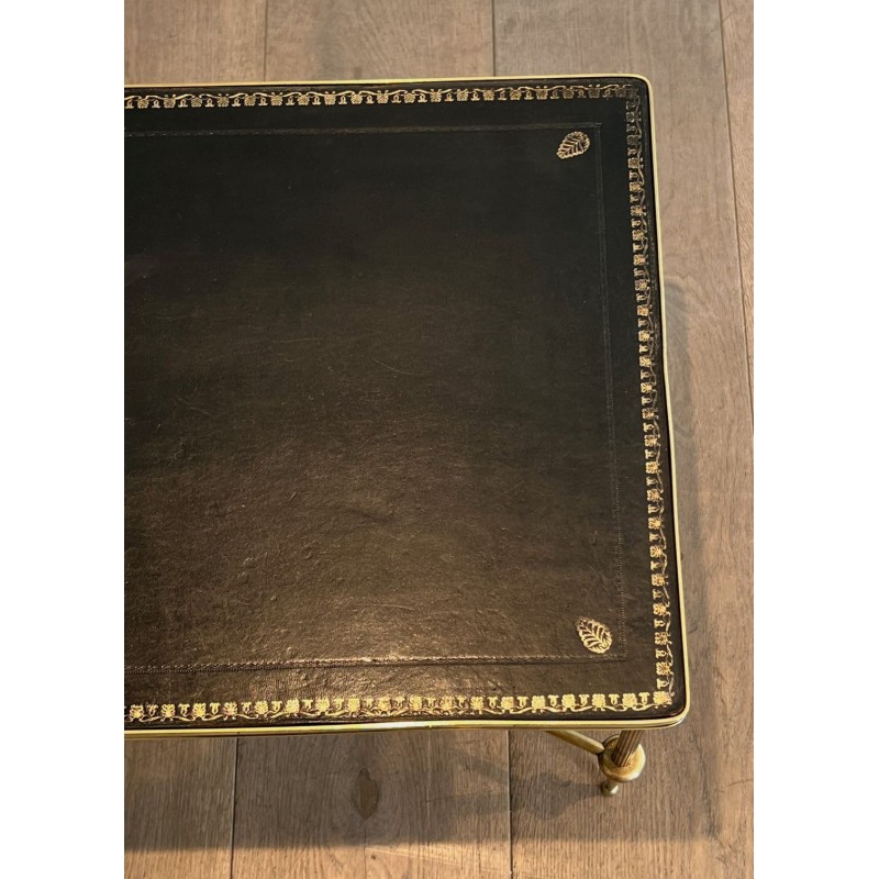 Table Basse Néoclassique en Laiton, Cuir Noir et Bordures Dorées, Maison Jansen, vers 1940