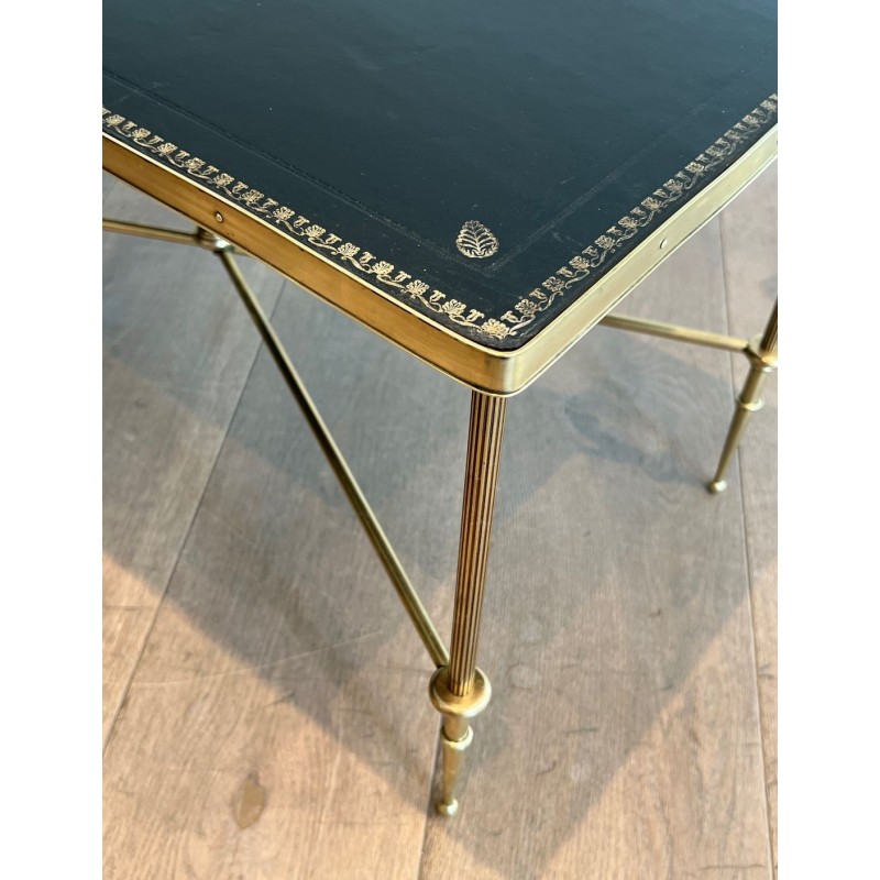 Table Basse Néoclassique en Laiton, Cuir Noir et Bordures Dorées, Maison Jansen, vers 1940