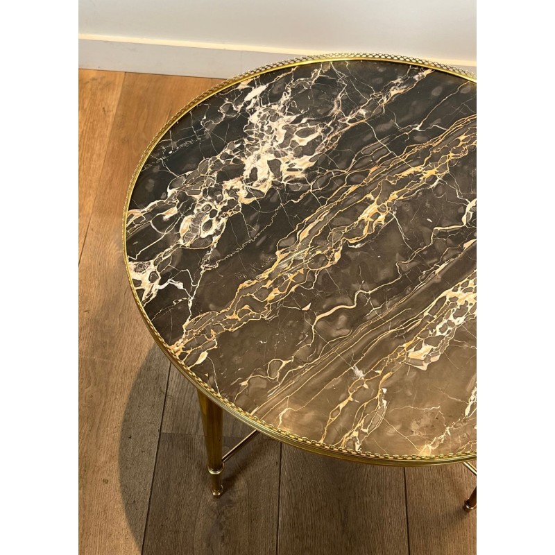 Round Brass Neoclassical Coffee Table with Marble Top, Maison Ramsay, circa 1940
