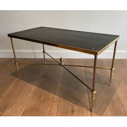 Brass Neoclassical Coffee Table, Black Leather with Gilt Border, Maison Jansen, c. 1940