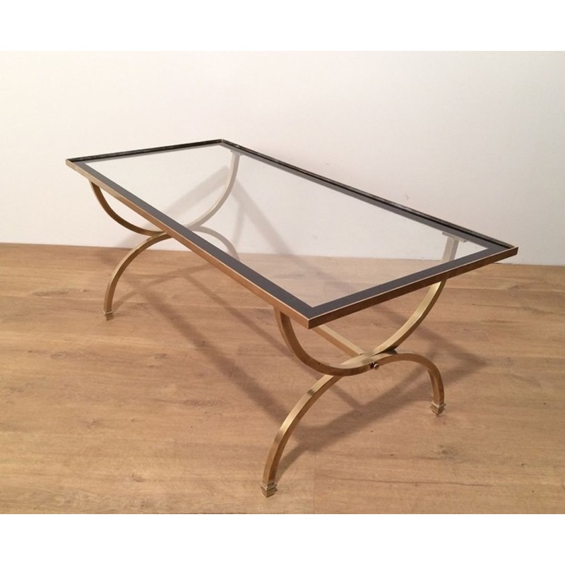 Brass Art Déco Coffee Table with Clear Glass and Black Lacquer, Maison Jansen, c. 1940