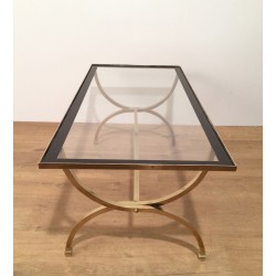 Table Basse Art Déco en Laiton, Verre et Laque Noire, Maison Jansen, vers 1940