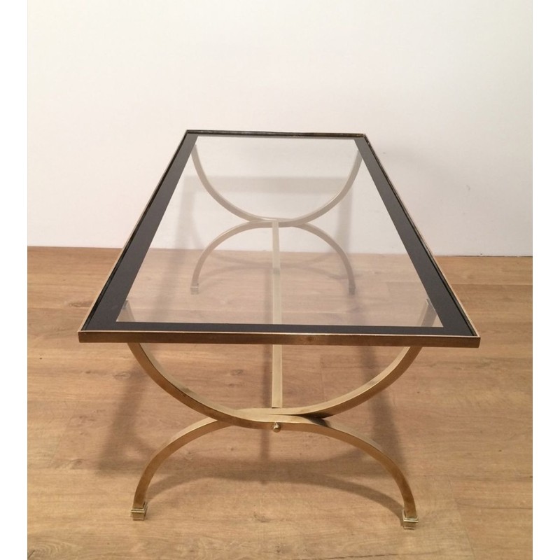 Brass Art Déco Coffee Table with Clear Glass and Black Lacquer, Maison Jansen, c. 1940