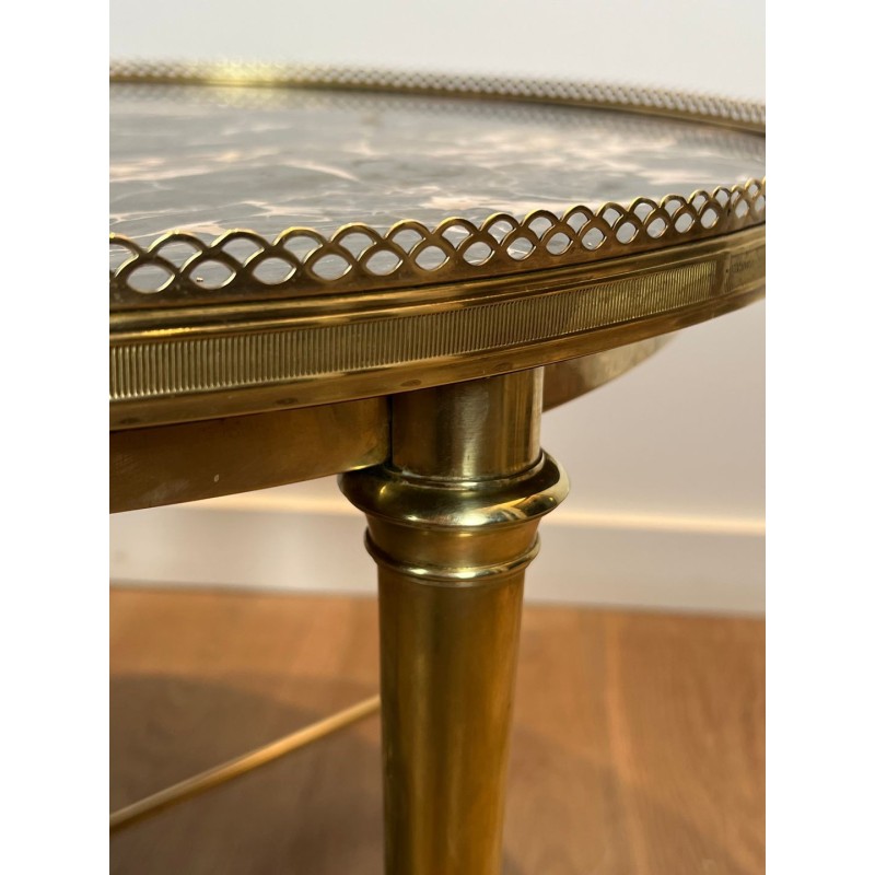 Round Brass Neoclassical Coffee Table with Marble Top, Maison Ramsay, circa 1940