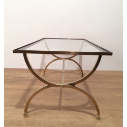Table Basse Art Déco en Laiton, Verre et Laque Noire, Maison Jansen, vers 1940