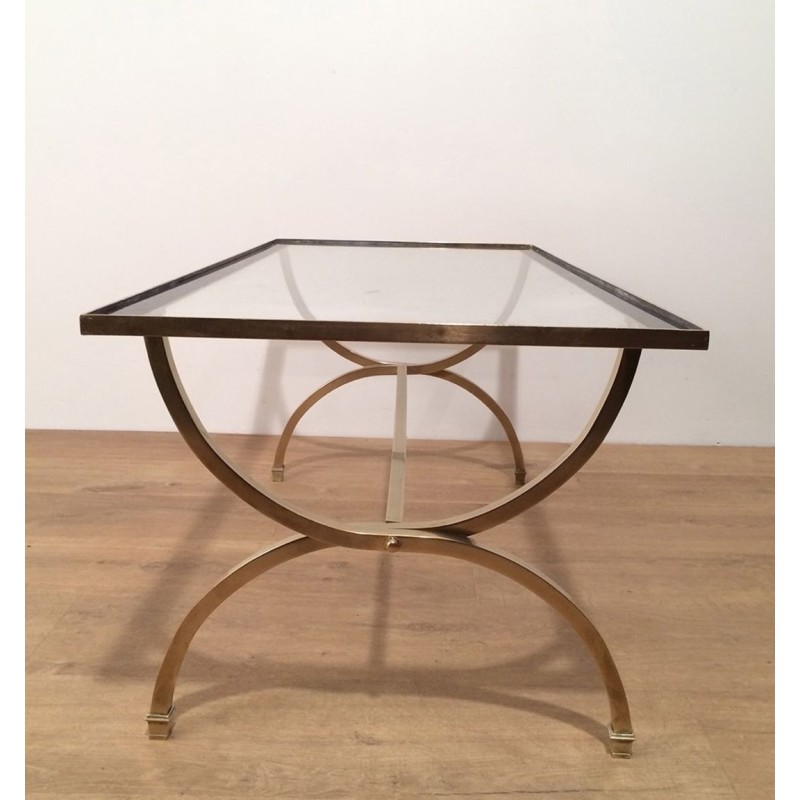 Table Basse Art Déco en Laiton, Verre et Laque Noire, Maison Jansen, vers 1940