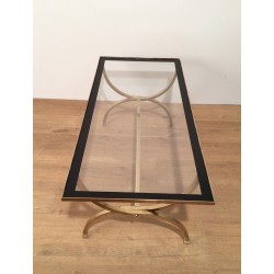 Table Basse Art Déco en Laiton, Verre et Laque Noire, Maison Jansen, vers 1940