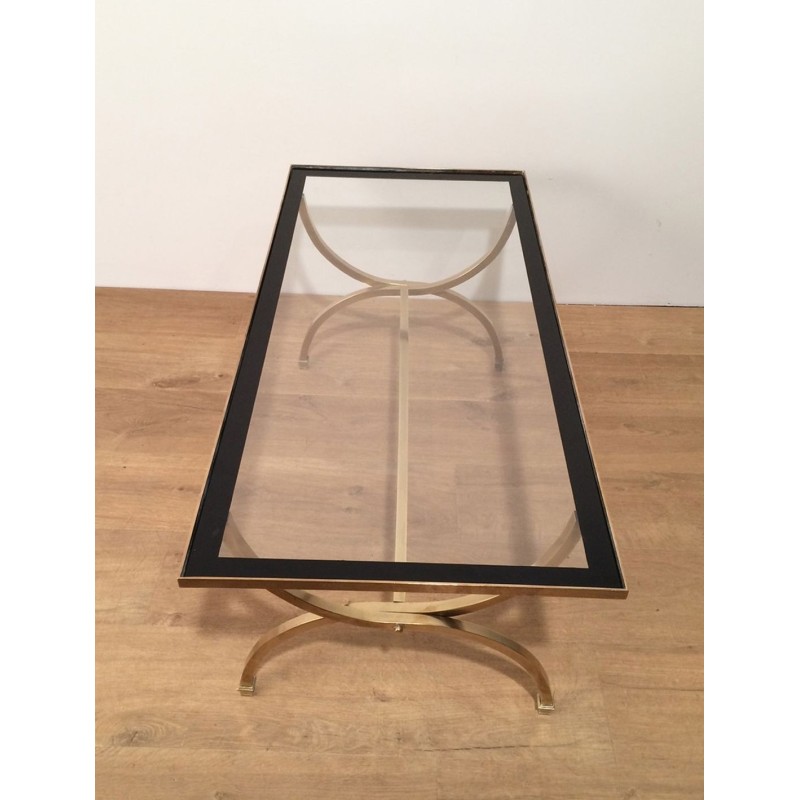 Table Basse Art Déco en Laiton, Verre et Laque Noire, Maison Jansen, vers 1940