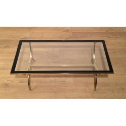 Table Basse Art Déco en Laiton, Verre et Laque Noire, Maison Jansen, vers 1940