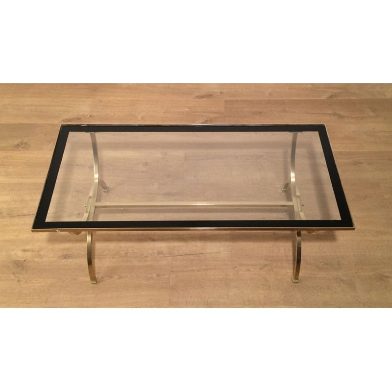 Table Basse Art Déco en Laiton, Verre et Laque Noire, Maison Jansen, vers 1940