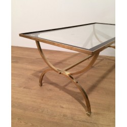 Table Basse Art Déco en Laiton, Verre et Laque Noire, Maison Jansen, vers 1940