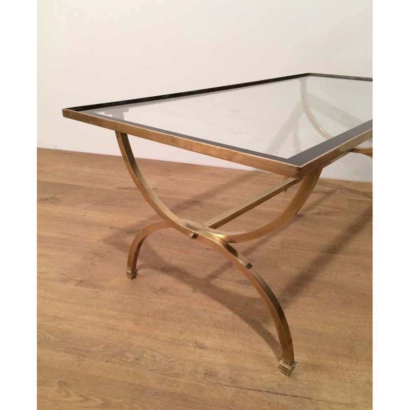 Table Basse Art Déco en Laiton, Verre et Laque Noire, Maison Jansen, vers 1940