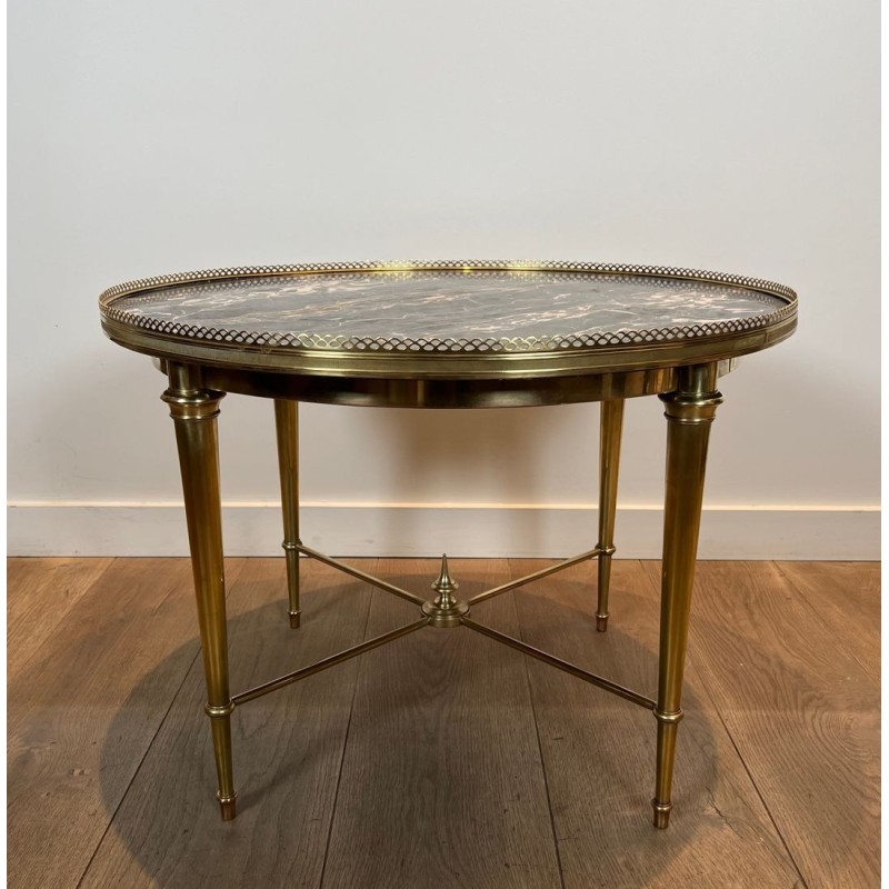 Round Brass Neoclassical Coffee Table with Marble Top, Maison Ramsay, circa 1940