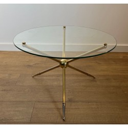 Round Tripod Brass Coffee Table, French Mid-Century Modern Design, circa 1970