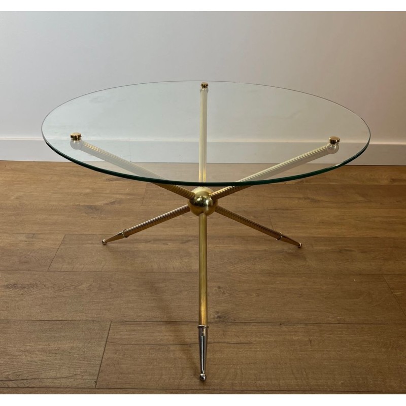 Table Basse Ronde Tripode en Laiton, Design Français, vers 1970