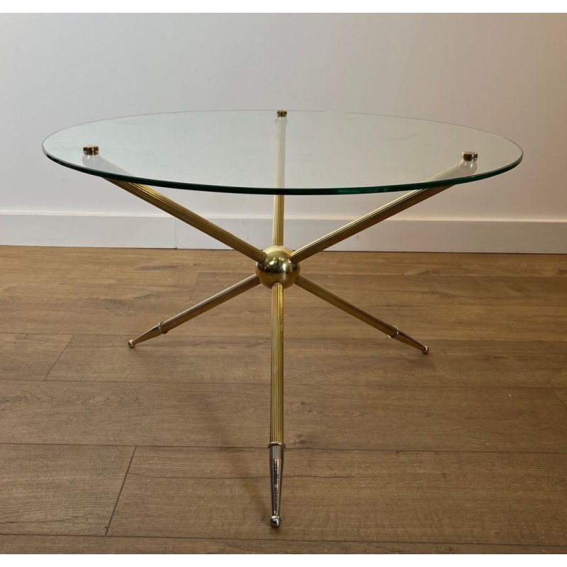 Table Basse Ronde Tripode en Laiton, Design Français, vers 1970