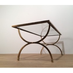 Table Basse Art Déco en Laiton, Verre et Laque Noire, Maison Jansen, vers 1940