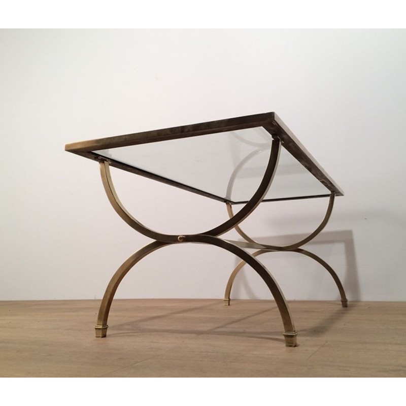 Table Basse Art Déco en Laiton, Verre et Laque Noire, Maison Jansen, vers 1940