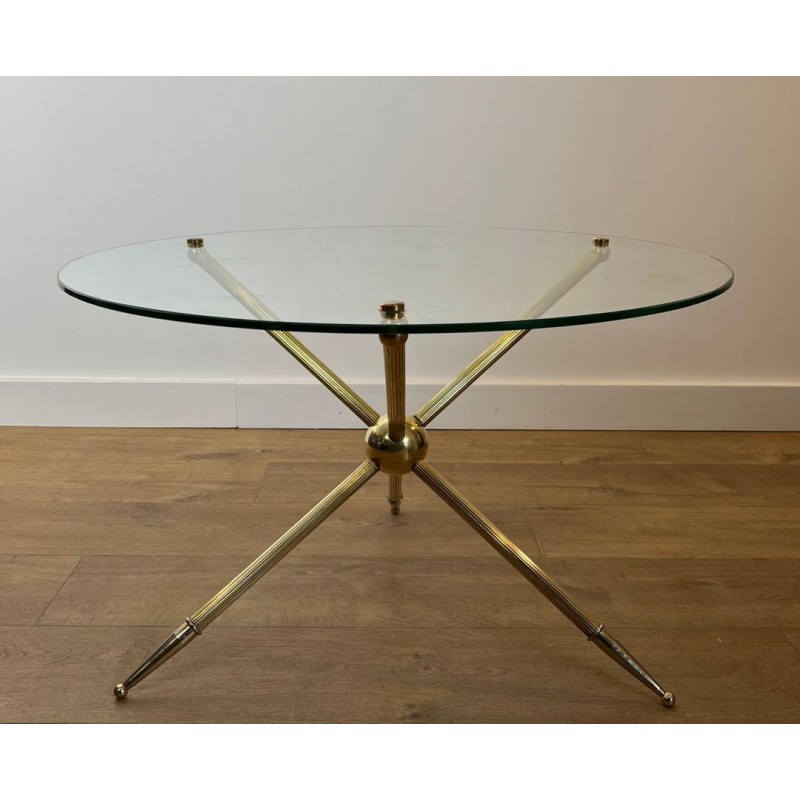 Table Basse Ronde Tripode en Laiton, Design Français, vers 1970