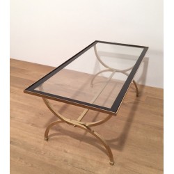 Brass Art Déco Coffee Table with Clear Glass and Black Lacquer, Maison Jansen, c. 1940