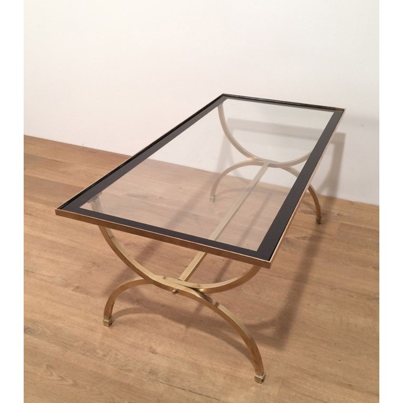 Brass Art Déco Coffee Table with Clear Glass and Black Lacquer, Maison Jansen, c. 1940