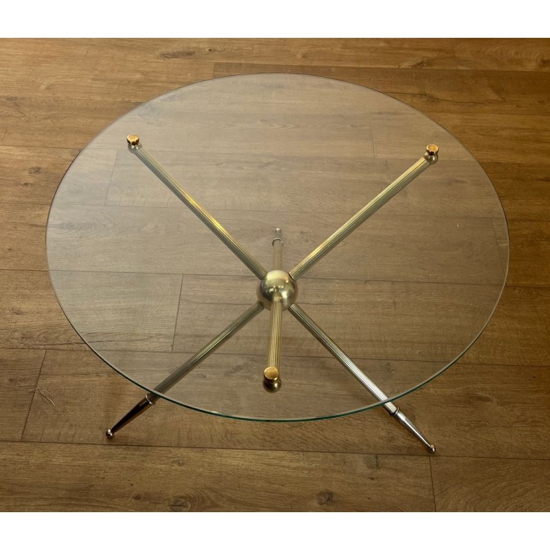 Table Basse Ronde Tripode en Laiton, Design Français, vers 1970