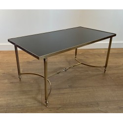 Brass Coffee Table, Black Lacquered Glass, Maison Jansen, circa 1940