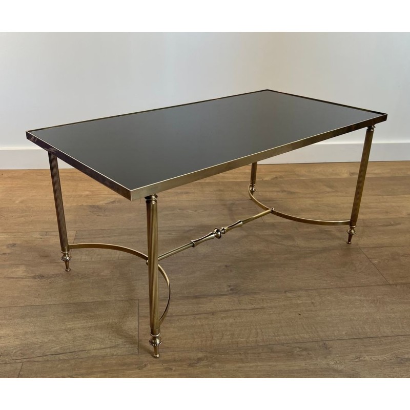 Brass Coffee Table, Black Lacquered Glass, Maison Jansen, circa 1940