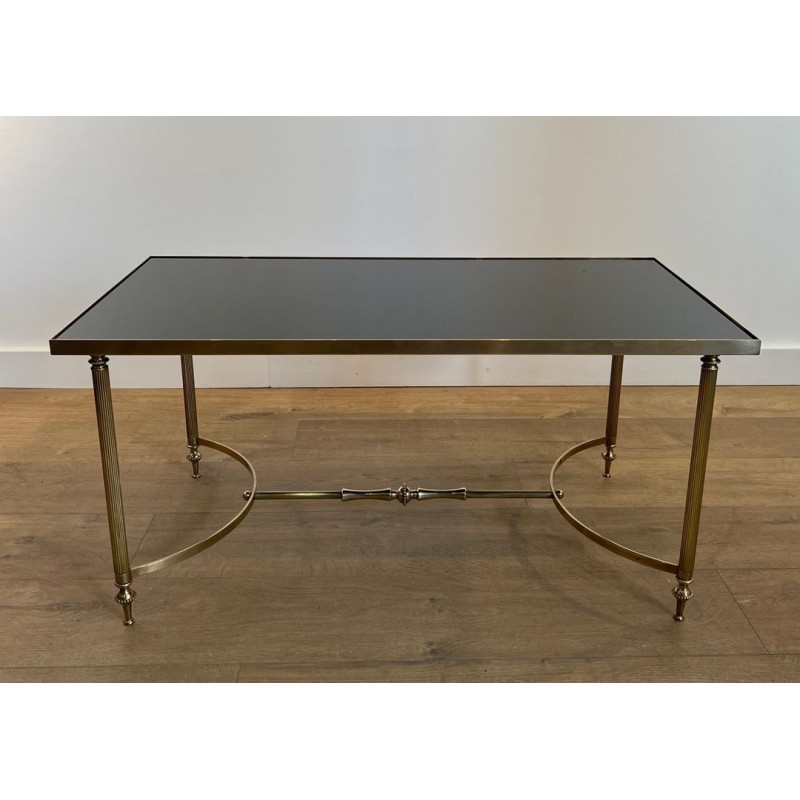Brass Coffee Table, Black Lacquered Glass, Maison Jansen, circa 1940