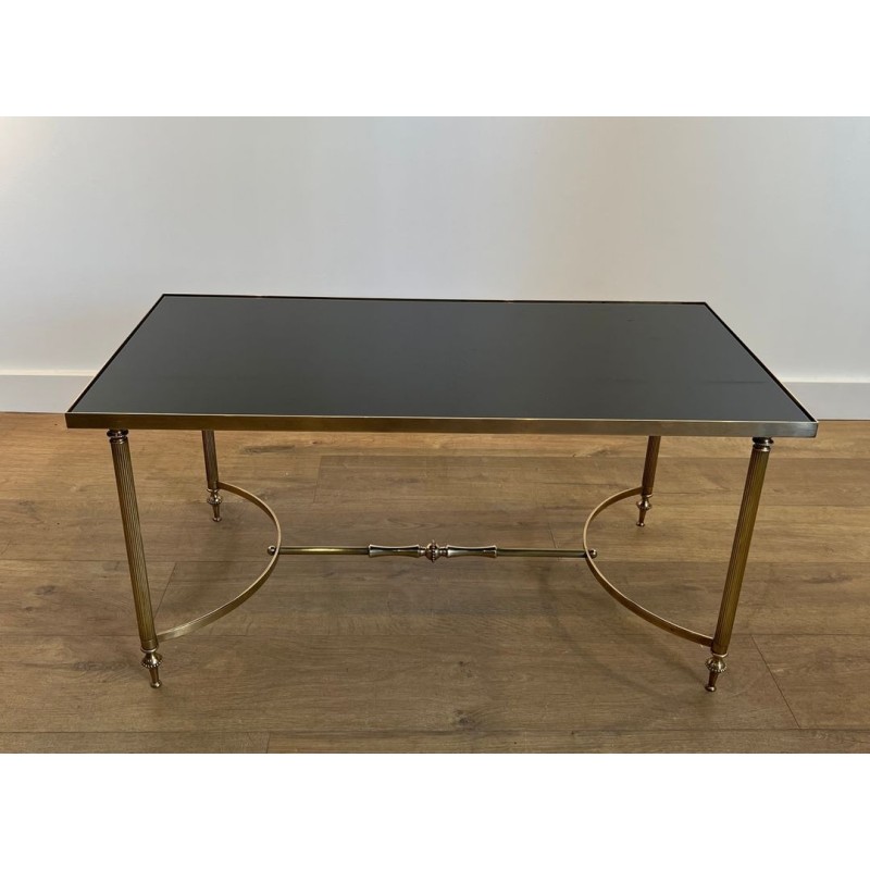 Brass Coffee Table, Black Lacquered Glass, Maison Jansen, circa 1940